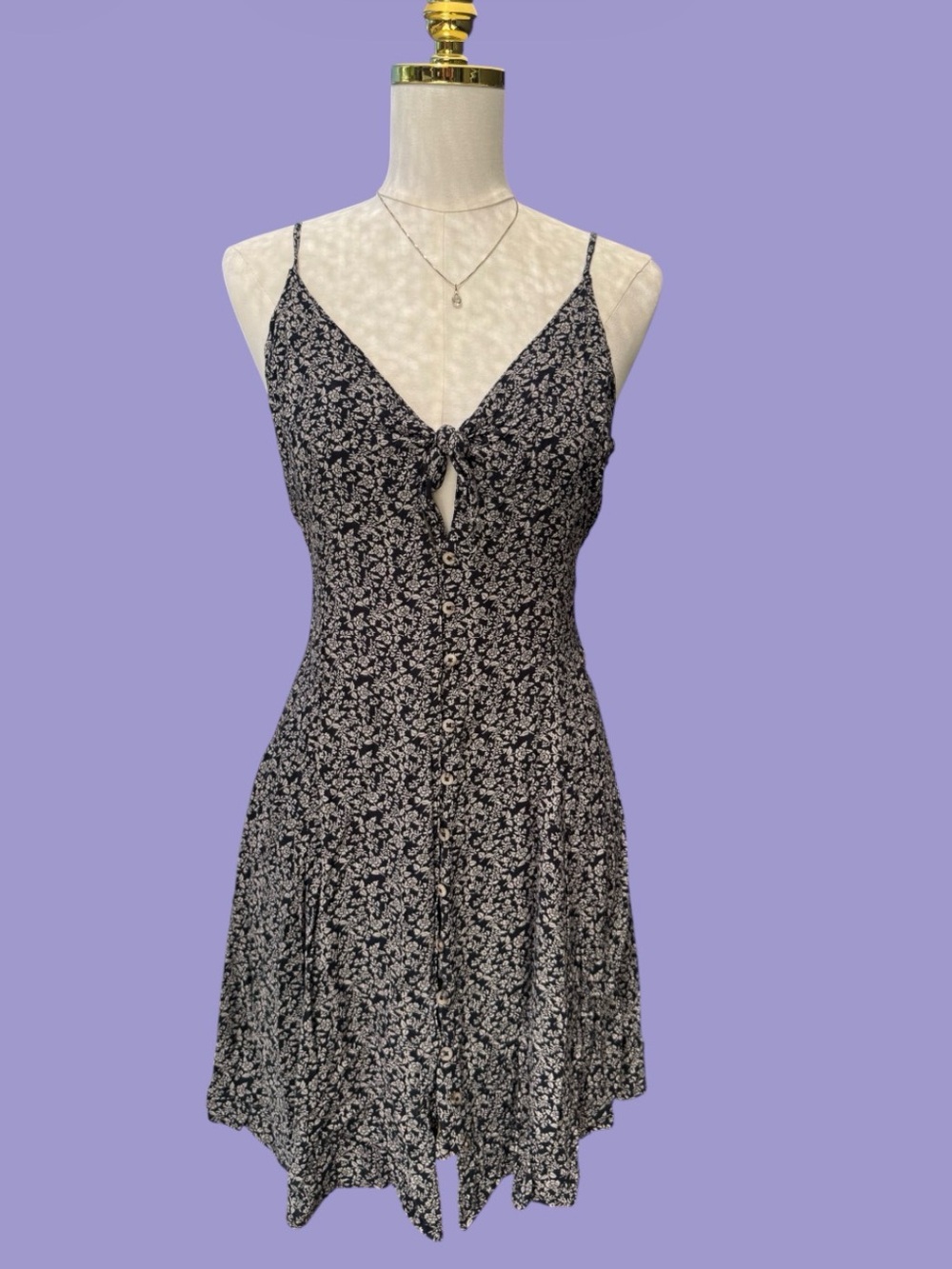 American Eagle Spaghetti Strap Button Front Floral Tie Front Dress XL Navy